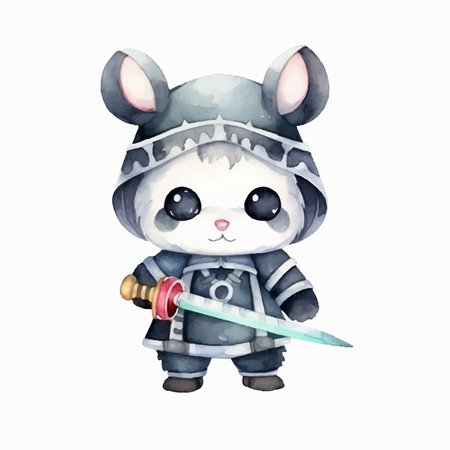 Cute cartoon mouse knight with sword and shield. Watercolor illustrationのイラスト素材