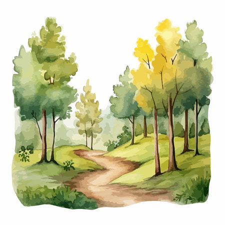 Watercolor landscape with trees and path. Hand drawn vector illustration.のイラスト素材