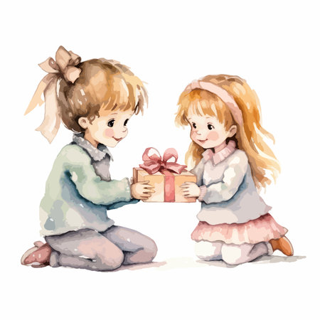 Cute little girl and boy with gift box. Vector illustration.のイラスト素材