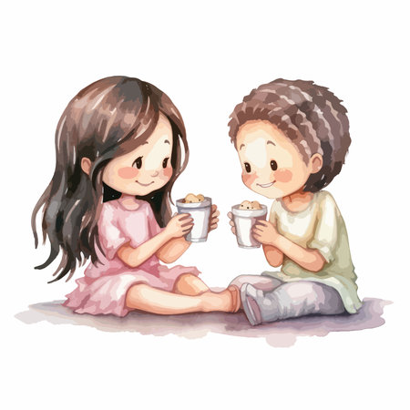 Illustration of a little girl and a boy drinking coffee on a white backgroundのイラスト素材