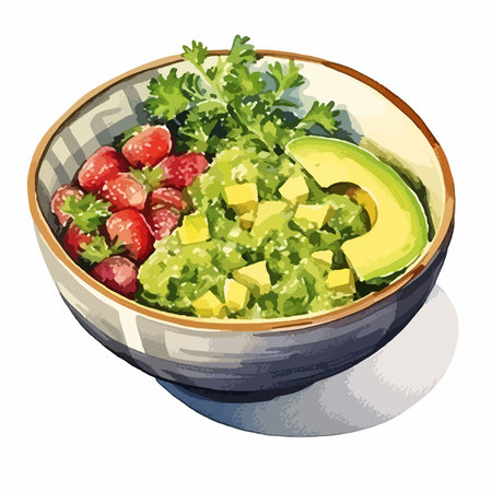 Illustration of a bowl of guacamole with avocado and strawberriesのイラスト素材