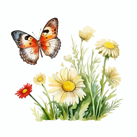 Beautiful watercolor daisies and butterfly isolated on white backgroundのイラスト素材