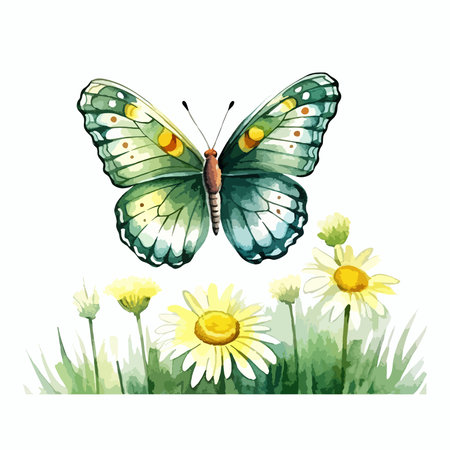 Butterfly and daisies. Watercolor hand drawn illustrationのイラスト素材