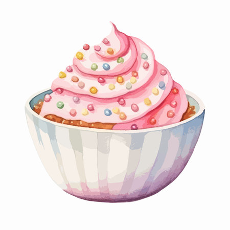 Cupcake with whipped cream and candies in a bowl. Vector illustration.のイラスト素材