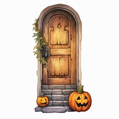 Halloween door with pumpkins and ivy, vector illustration.のイラスト素材