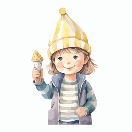 Cute little girl in winter clothes with ice cream. Vector illustration.のイラスト素材