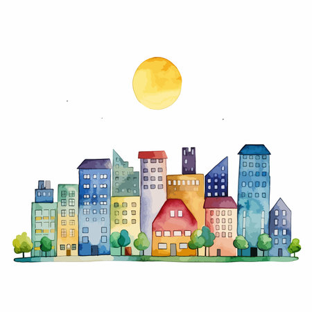 Cityscape. Watercolor hand drawn illustration on white background. Vector.のイラスト素材
