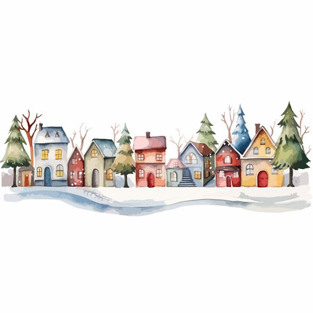 Winter village. Hand drawn watercolor illustration isolated on white background.のイラスト素材