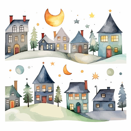 Cute hand drawn houses with moon and stars. Vector illustration.のイラスト素材
