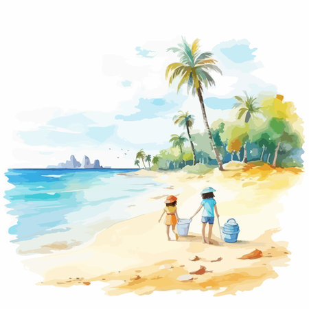 Illustration of a boy and a girl on the beach with palm treesのイラスト素材