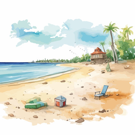 Illustration of a beach with a palm tree and a beach ballのイラスト素材