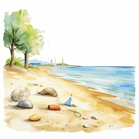 Beach with a lighthouse on the background of the sea. Vector illustrationのイラスト素材