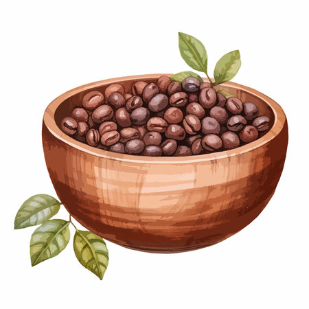Coffee beans in a wooden bowl with green leaves. Vector illustration.のイラスト素材