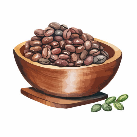 Coffee beans in wooden bowl. Hand drawn vector illustration.のイラスト素材