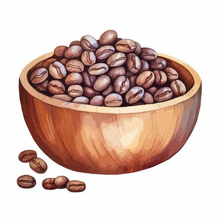 Coffee beans in wooden bowl. Hand drawn vector illustration.のイラスト素材