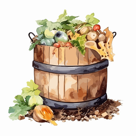 Wooden barrel with vegetables and fruits. Vector watercolor illustration.のイラスト素材