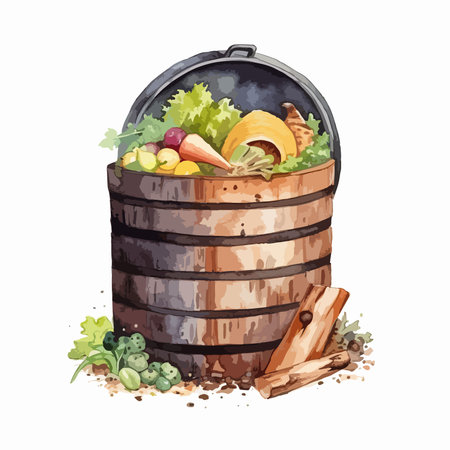 Watercolor illustration of a wooden barrel with fresh vegetables and spices.のイラスト素材