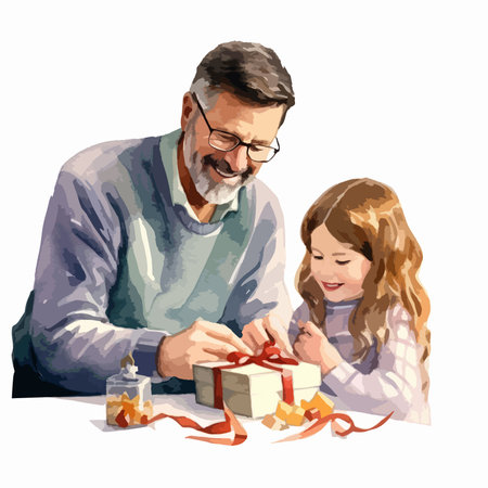 Grandfather and granddaughter opening gift box. Vector illustration on white background.のイラスト素材