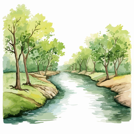 Beautiful landscape with river and trees. Hand drawn vector illustration.のイラスト素材