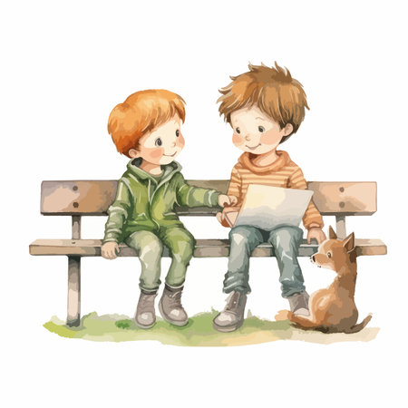 Two boys sitting on a bench with a dog. Vector illustration.のイラスト素材