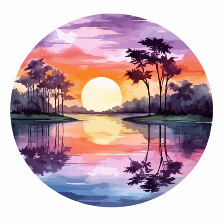 Colorful sunset over the lake with silhouette of palm trees. Vector illustration.のイラスト素材