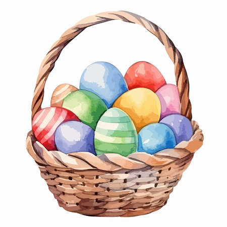 Easter basket with painted eggs. Vector illustration on white background.のイラスト素材