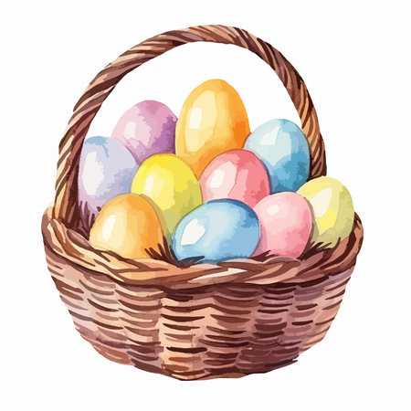 Easter basket with painted eggs. Vector illustration on white background.のイラスト素材