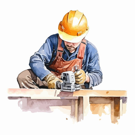 Illustration of a carpenter working with a planer on a white backgroundのイラスト素材