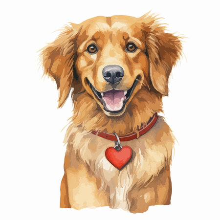 Portrait of a golden retriever with a red heart. Vector illustration.のイラスト素材