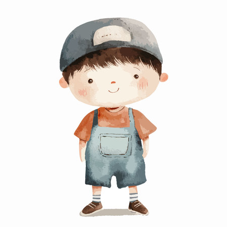 Illustration of a Cute Little Boy Wearing a Cap and Jeansのイラスト素材