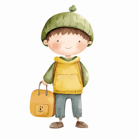 Cute little boy with backpack. Vector illustration on white background.のイラスト素材