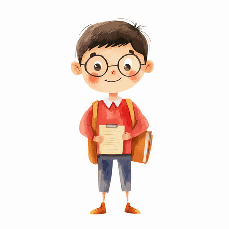 Cute schoolboy with backpack and books. Vector illustration on white background.のイラスト素材
