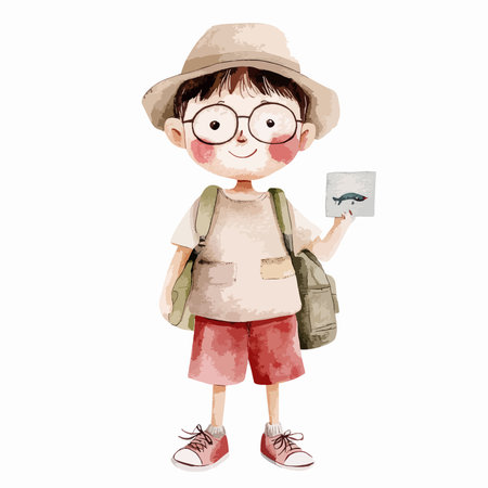 Boy with backpack and map. Watercolor illustration on white background.のイラスト素材