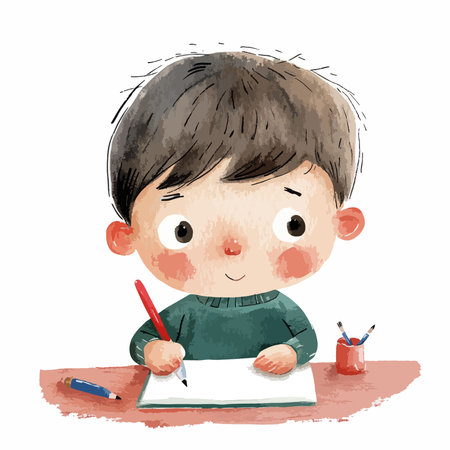 cute boy drawing with pencils, hand drawn watercolor illustrationのイラスト素材