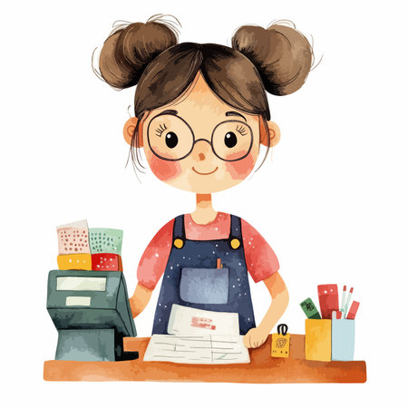 Illustration of a cute cartoon girl working at a cash register.のイラスト素材