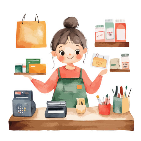 Cute girl in apron at the cashier. Vector illustration.のイラスト素材