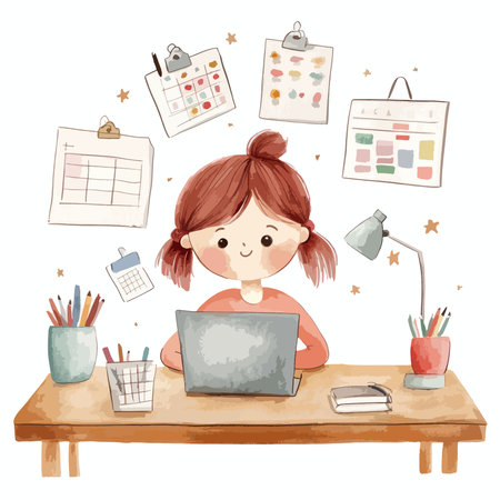 Illustration of a Girl Sitting at her Desk Working on a Laptopのイラスト素材