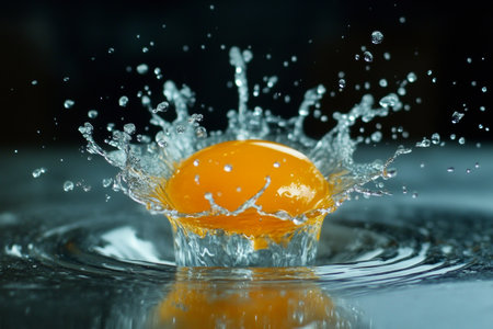 Falling egg in water with splash on black background, close upの写真素材