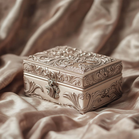 golden jewelry box on silk background, close-up, selective focusの写真素材