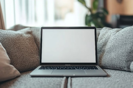 A contemporary laptop mockup with blank screen rests on a comfortable couch amid throw pillows.の写真素材