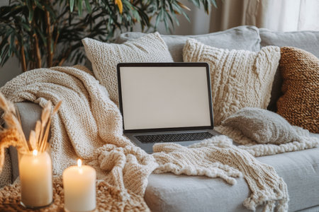 Laptop mockup showcases cozy ambiance with a comfortable couch and a warm lit candle arrangement.