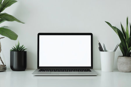 Floating laptop mockup on a white desk, surrounded by plants and office supplies offers spaceの写真素材