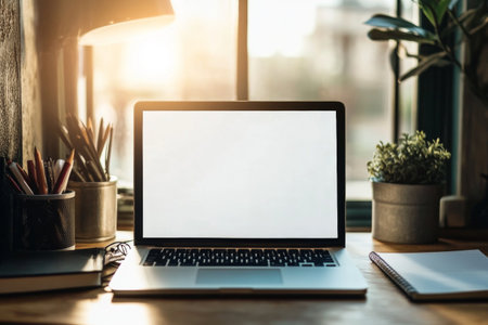A laptop with a blank screen sits on a desk next to a notebook, illuminated by soft, warm light.