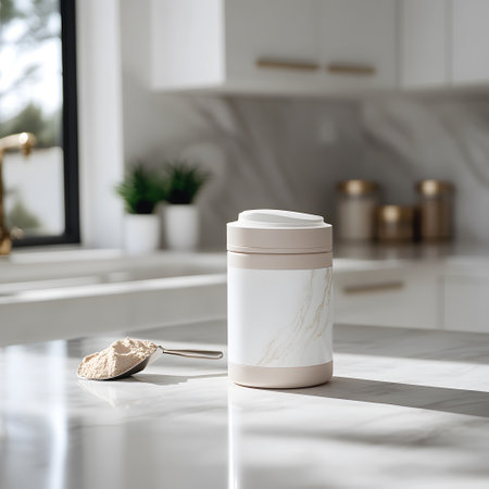 Plastic container with protein powder on countertop in modern kitchenの写真素材
