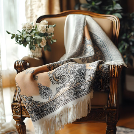 Luxury vintage armchair with a shawl and a bouquet of flowers