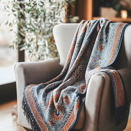 Cozy armchair with a blanket in a cozy living room.の写真素材