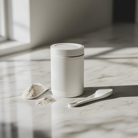 White plastic container with powder on white marble table.の写真素材