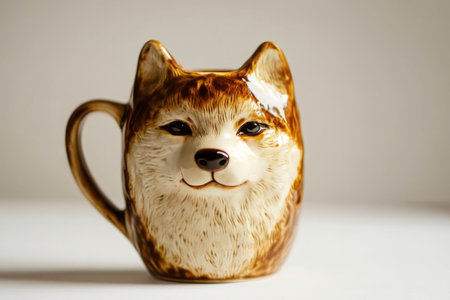 Ceramic porcelain cup with dog face on white backgroundの写真素材