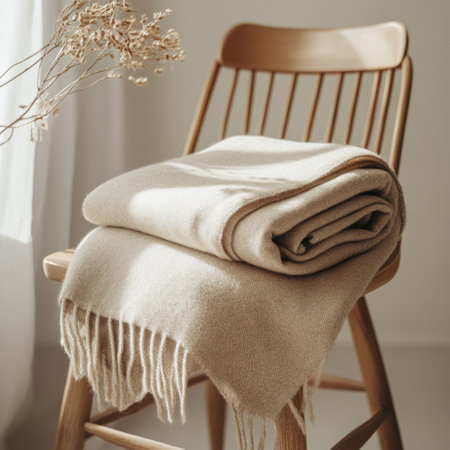 closeup of a stack of beige blankets on a wooden chairの写真素材