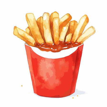 Illustration of french fries with ketchup in a red box.